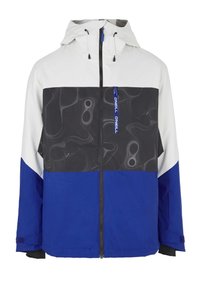 Kleurblokken jas met witte, zwarte met een zwirlpatroon en blauwe panelen. Met capuchon, een ritssluiting aan de voorkant, verstelbare trekkoorden en zwarte accenten.