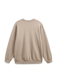 Beige sweatshirt with long sleeves, crew neck, and ribbed cuffs. Soft texture and relaxed fit, featuring a simple design without embellishments.