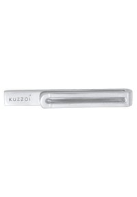 Pince à cheveux en métal argenté au design rectangulaire lisse. Elle présente une petite gravure de "Kuzzoi" et une rainure étroite pour maintenir les cheveux.