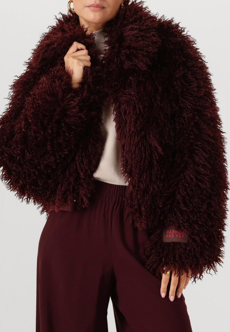 Burgundy faux fur cropped jacket with a fluffy texture, wide collar, and embroidered logo on the sleeve. Paired with a beige top.