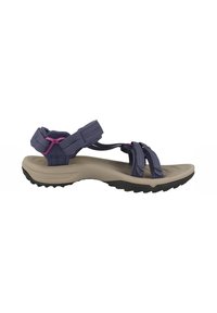 Navy blue sandal with adjustable straps, beige sole, textured insole, and a rugged black outsole for grip. Features pink accents.