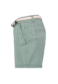 Green cotton shorts with a braided pink belt. Features side and back pockets, rolled hem, and a smooth texture.