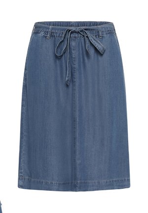 Denim rok in blauw, met een elastische tailleband met een strik, knielengte, gladde textuur en zoom met minimale stiksel details.