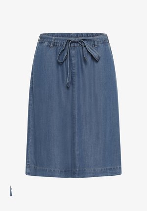 Zilas džinsa svārki ar elastīgu jostu un auklu, ceļgalu garumā, gludā tekstūra un apakšmala ar minimālu šuvju detaļu.