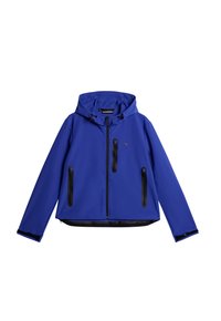 Giacca softshell blu con cappuccio, chiusura frontale con zip e tre tasche con zip. Presenta dettagli neri e un design aderente.