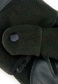 Black fleece glove featuring a smooth, textured black leather palm, sleeve closure, and a round fabric accent near the wrist.