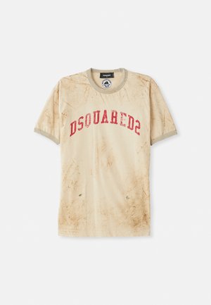 Beige cotton t-shirt with a worn look, featuring a red arched "DSQUARED2" logo across the chest and faded accents throughout.