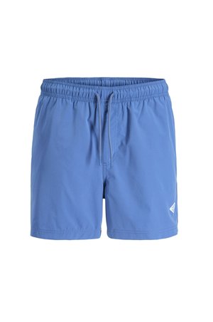 Blauwe zwembroek voor heren met elastische tailleband en trekkoord, korte lengte en klein wit logo op het linkerbeen.