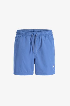 Blauwe zwembroek voor heren met elastische tailleband en trekkoord, korte lengte en klein wit logo op het linkerbeen.