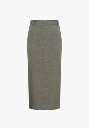 Jupe crayon grise en tissu texturé, avec une taille haute, des détails de couture à l'avant et un design élégant longueur genoux.