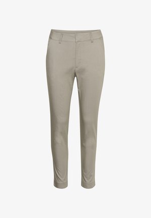 Khaki rozciągające się spodnie z gładkim wykończeniem, slim fit, podwójne przednie kieszenie oraz zawinięty dół. Odpowiednie zarówno na co dzień, jak i na bardziej formalne okazje.