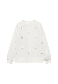 Vit sweatshirt med rund hals, prydd med utskurna blommönster och texturerade detaljer. Mjuk tyg och sänkt axelsöm med ribbad mudd.