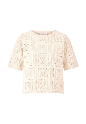 Kremfarvet kortærmet striktrøje med firkantet mønsterdesign og bølgede kanter på ærmer og kant.