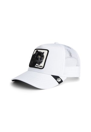 Casquette de baseball blanche avec des panneaux en maille, présentant un écusson brodé carré d'un panthère noire avec le mot "PANTHER" en dessous.