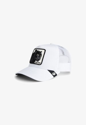 White baseball cap with mesh panels, featuring a square embroidered patch of a black panther and the word "PANTHER" below it.