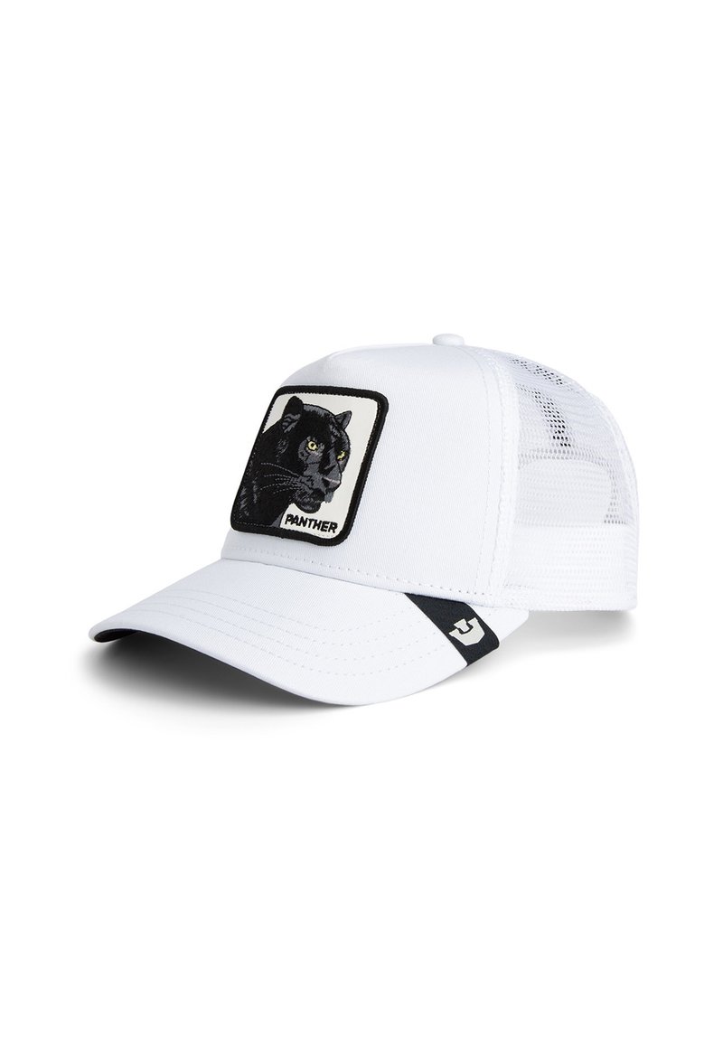 White baseball cap with mesh panels, featuring a square embroidered patch of a black panther and the word "PANTHER" below it.