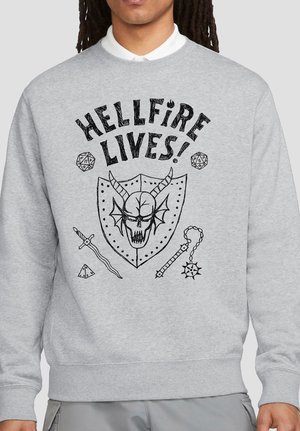 Gray sweatshirt with black graphic of a horned skull on shield, sword, flail, dice, and text "HELLFIRE LIVES!" on front.