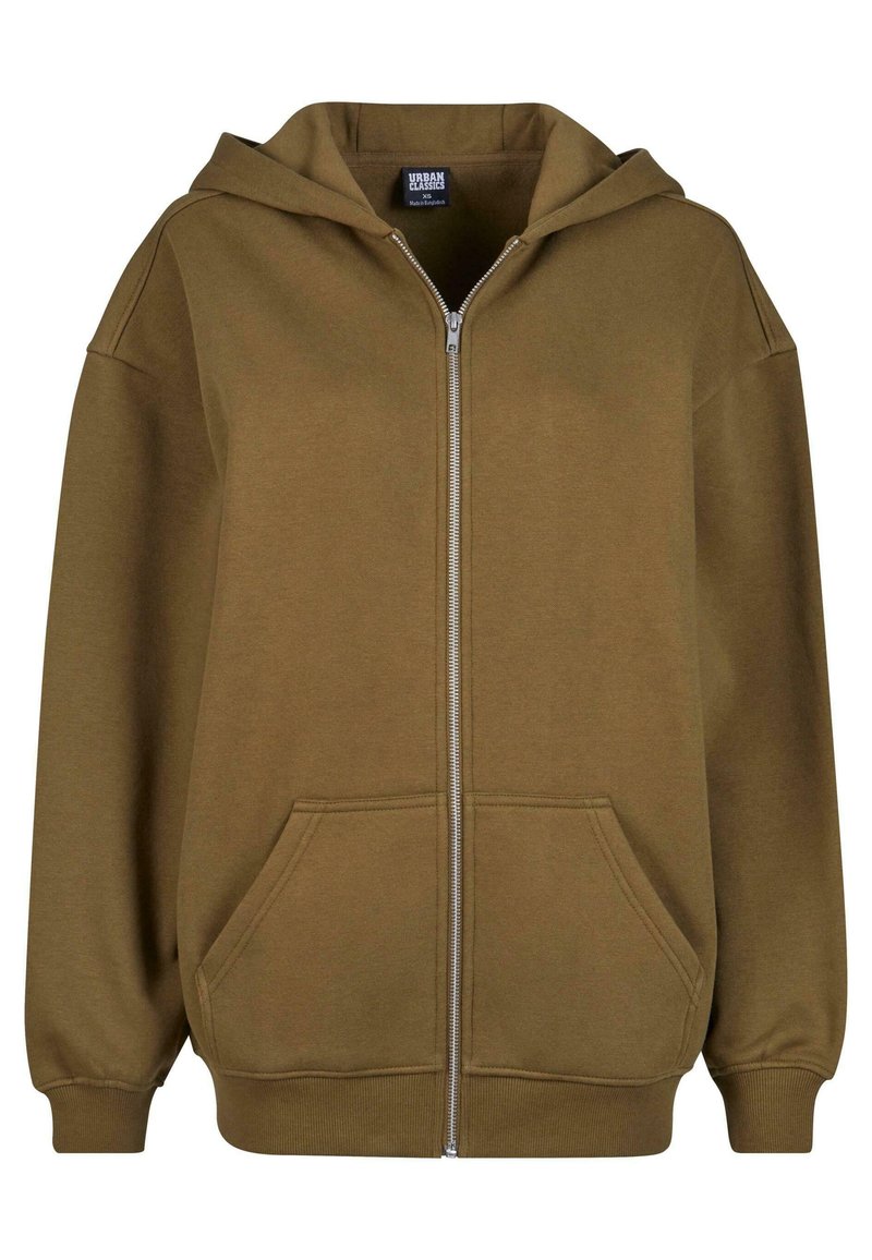 Olivgrüne Reißverschlusskapuzenjacke aus einem weichen Baumwollmix, ausgestattet mit einer Kapuze, zwei Fronttaschen und gerippten Bündchen sowie Saum.