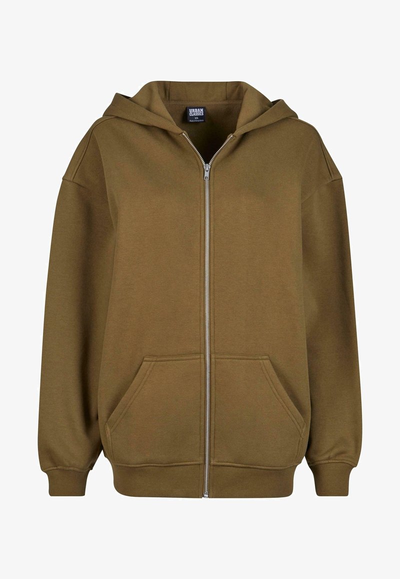 Olivnozeleni zip-up kapućast dukserica napravljena od mekanog pamuka, sa kapuljačom, dva prednja dzepa i rebrastim manžetama i rubom.