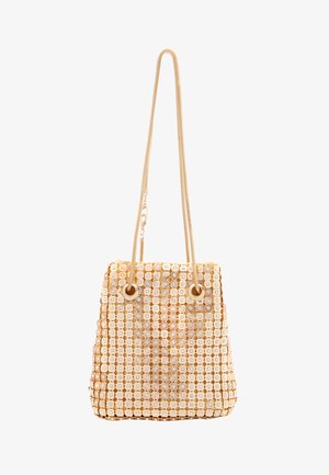 Borsa dorata in perline con chiusura a coulisse, caratterizzata da una texture morbida e da motivi circolari. Due robuste cinghie per il trasporto.