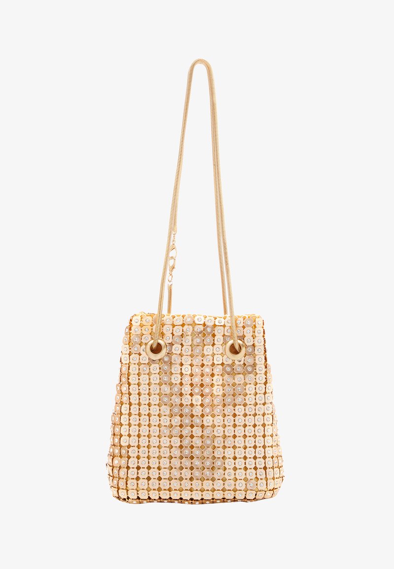 Beuteltasche aus goldenen Perlen mit einem Kordelzugverschluss, die eine weiche Textur und kreisförmige Muster aufweist. Zwei stabile Tragegurte.