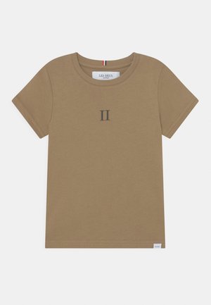 Short-sleeve brown T-shirt with round neckline, small black Roman numeral "II" printed center front, and a white brand label near hem.