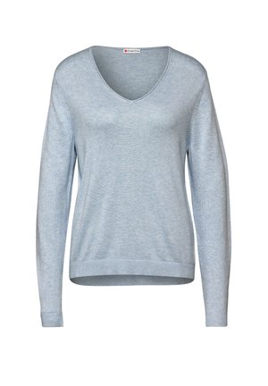 Pull bleu clair à manches longues avec col en V et bords-côtes aux poignets et à l'ourlet, présenté sur fond blanc.