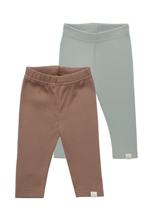 Two pairs of ribbed baby leggings, one brown and one light blue, each with a small white tag near the hem.