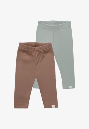 Zwei Paar gerippte Baby-Leggings, eines braun und eines hellblau, jeweils mit einem kleinen weißen Etikett in der Nähe des Saums.