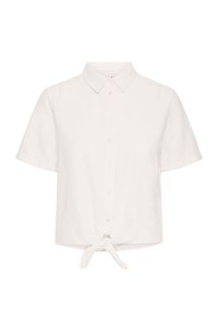 Camicetta bianca a maniche corte con colletto e un dettaglio di cravatta annodata in fondo. Realizzata in un tessuto leggero.