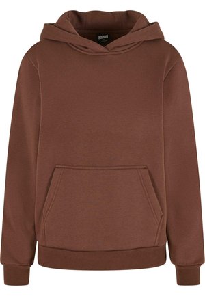 Felpa con cappuccio marrone, dotata di tasca frontale, realizzata in tessuto liscio, con polsini e orlo a costine, dettagli di cucitura lungo i bordi.