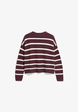 Pull marron avec des rayures blanches horizontales, col rond, manches longues et coupe ample. Texture tricotée avec des poignets côtelés.