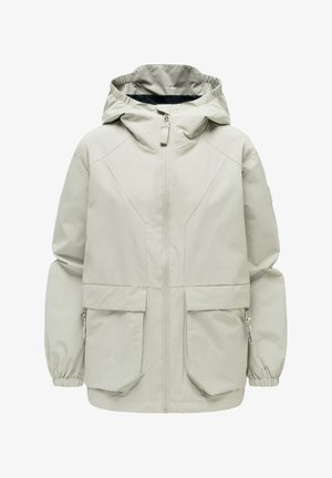 Lichtgrijze capuchonjas met ritssluiting aan de voorkant en twee grote klepzakken, elastische manchetten en een losse pasvorm.