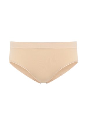 Beżowe majtki typu hipster wykonane z mieszanki bawełny, o gładkiej fakturze, elastycznym pasku w talii, niskim kroju oraz bezszwowych brzegach dla komfortu i dobrego dopasowania.
