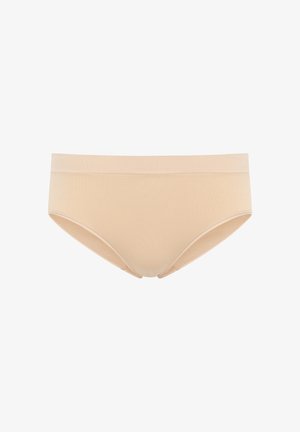 Beige Baumwollmischung-Hipsterunterwäsche mit glatter Textur, elastischem Bund, niedriger Passform und nahtlosen Kanten für Komfort und Sitz.