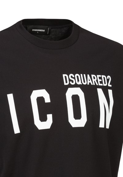 Black cotton T-shirt featuring bold white text "DSQUARED2 ICON" in a block font. Round neckline with short sleeves.