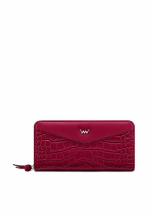 Red leather wallet featuring a croc-embossed texture, smooth accents, an envelope-style design, and a silver logo on the front.