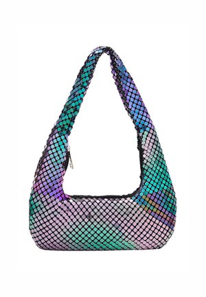 Borsa multicolore realizzata in un materiale lucido e stampato. Presenta una silhouette curva, una cerniera nera e una tracolla ampia.