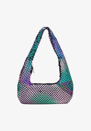Mehrfarbige Handtasche aus glänzendem, gemustertem Material. Verfügt über eine geschwungene Silhouette, einen schwarzen Reißverschluss und einen breiten Trageriemen.