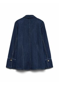 Veste en denim noir avec un col, des manches longues et des poignets boutonnés. Dotée de détails de coutures verticales et de deux poches latérales.