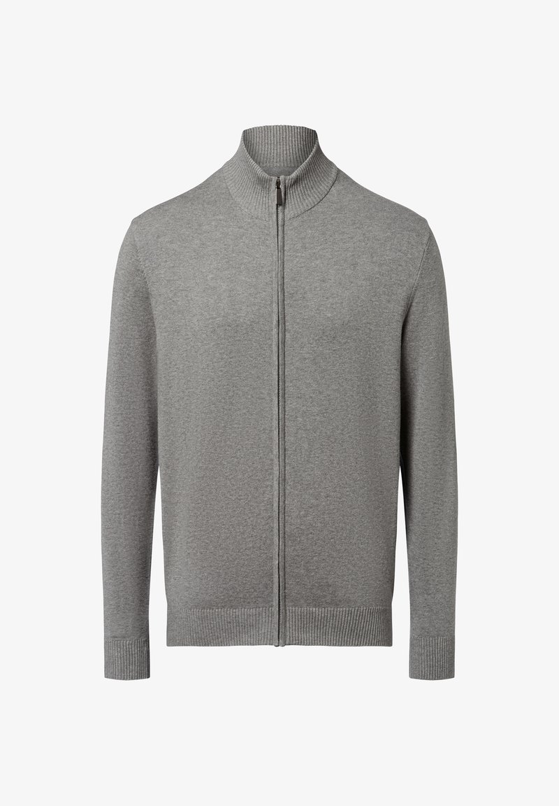 Cardigan grigio con zip, colletto alto, polsini e orlo a coste. Realizzato in un materiale morbido e testurizzato con una finitura liscia.