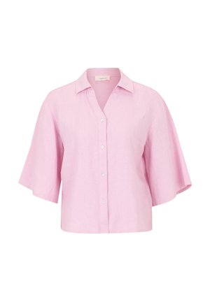 Korte mouwen, lichtroze overhemden met knopen in een zacht linnenmengsel. Heeft een klassieke kraag en een losse, ontspannen pasvorm. Soepele textuur.