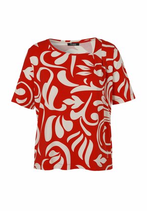 Rote Bluse mit kurzen Ärmeln, großem abstraktem weißem Blumen- und Wirbelmuster, Rundhalsausschnitt und lockerem Sitz.