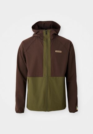 Kapuce iecepšs jakas ar brūnu un olīvu zaļu krāsu blokiem, ar pilnu rāvējslēdzēju, elastīgiem piedurkņu galiem un nelielu logotipu uz krūtīm.