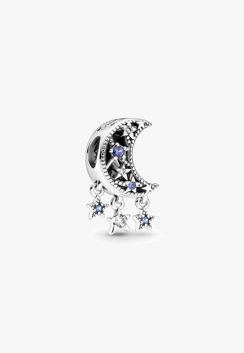 Silver charm in a crescent moon shape with blue and clear gemstones, featuring three hanging star accents and intricate detailing.