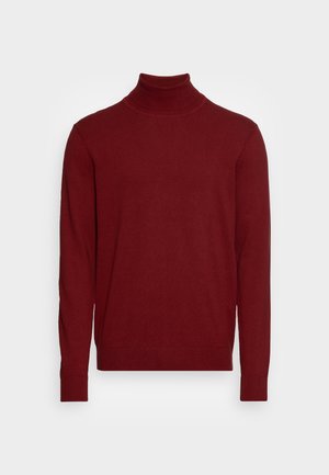 Men’s long-sleeve burgundy turtleneck sweater with ribbed cuffs and hem, displayed on a plain white background.