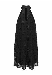 Robe midi noire sans manches avec col en halter, fente profonde à l'avant, et appliqués floraux texturés sur toute la jupe fluide.
