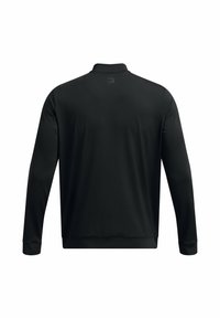 Schwarzes Langarm-Polohemd mit Stehkragen aus glattem Stoff. Verfügt über ein Markenetikett auf der Rückseite und enge Bündchen.