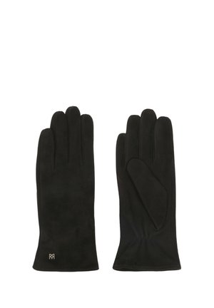 Fekete velúr kesztyűk sima textúrával, öt ujjal és egy diszkrét logóval a csuklón. Letisztult és testhezálló dizájn.