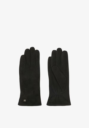 Melnas zamša cimdi ar gludu tekstūru, piecu pirkstu un mazu tagu uz plaukstas. Tievs un pieguļošs dizains.